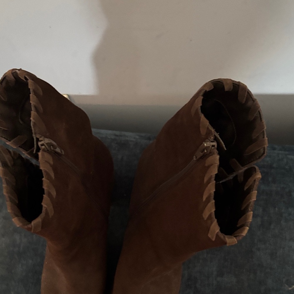 Something Navy Brown Suede Block Heel Ankle Boots - Picture 5 of 5